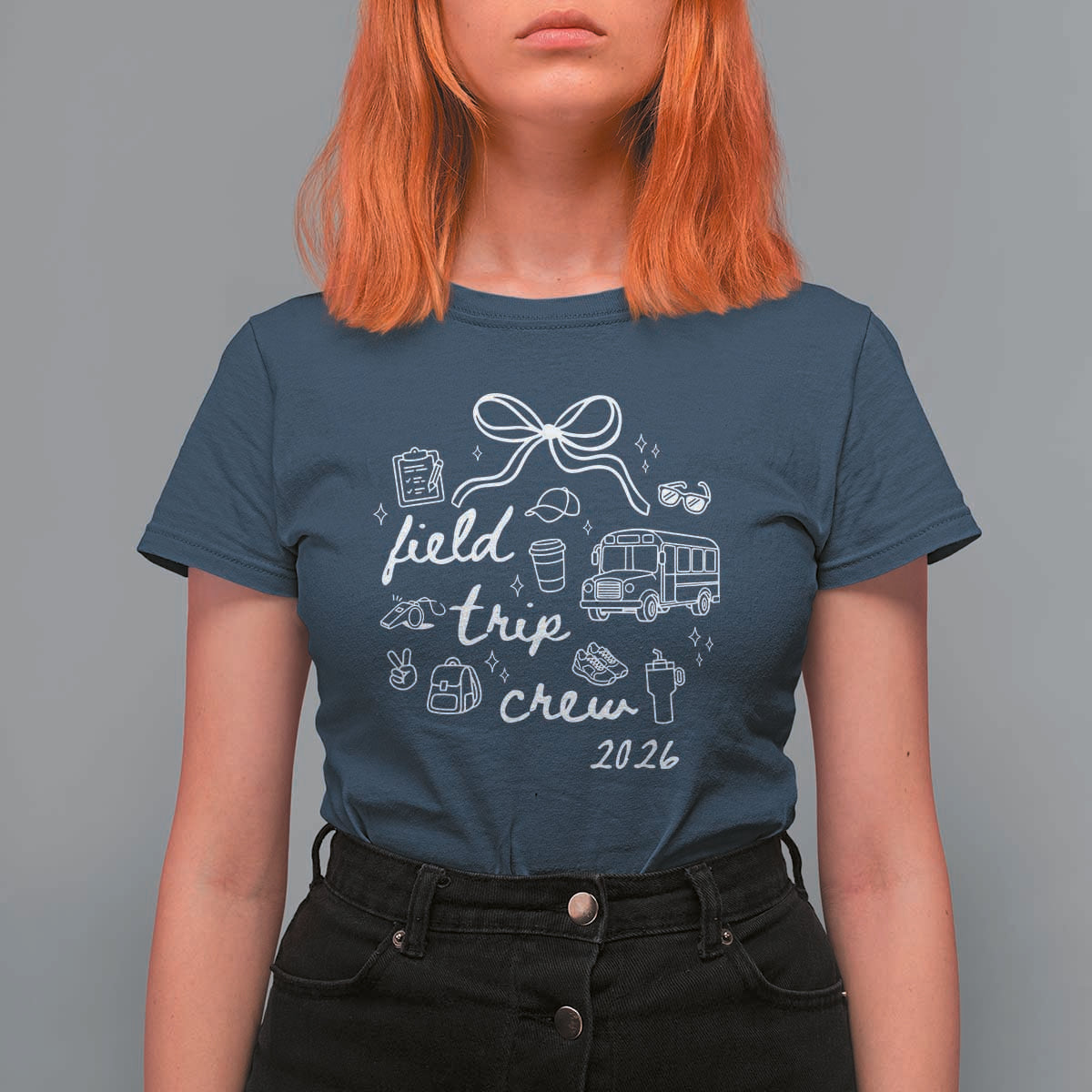 Field Trip Crew 2026 Coquette Bow T Shirt For Women Hand Drawn Doodle Graphic Teacher Chaperone