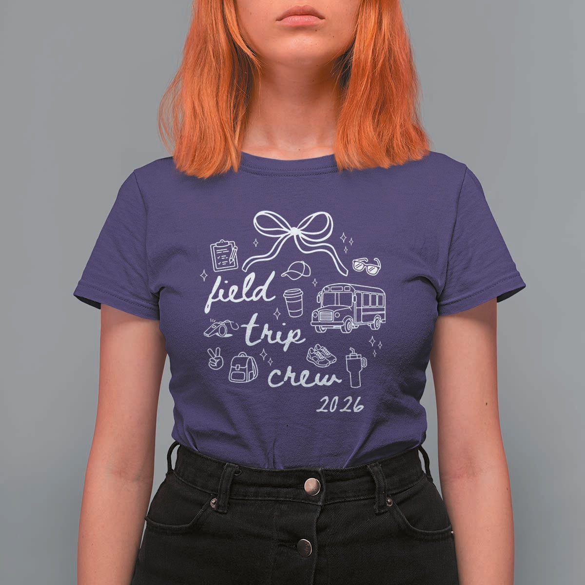 Field Trip Crew 2026 Coquette Bow T Shirt For Women Hand Drawn Doodle Graphic Teacher Chaperone