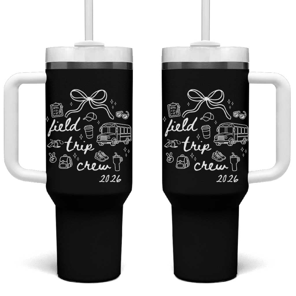 Field Trip Crew 2026 Coquette Bow Tumbler With Handle Hand Drawn Doodle Graphic Teacher Chaperone