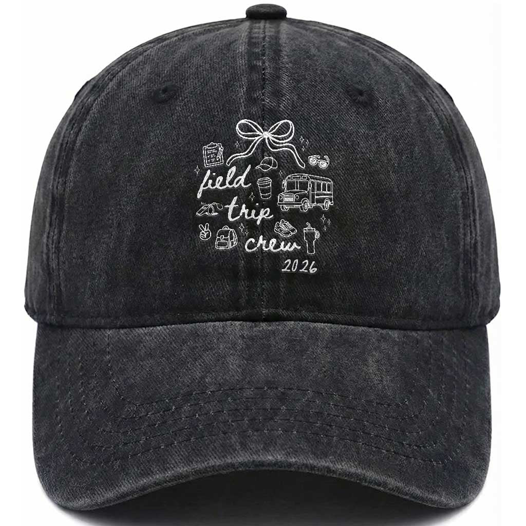 Field Trip Crew 2026 Coquette Bow Washed Cotton Baseball Cap Hand Drawn Doodle Graphic Teacher Chaperone