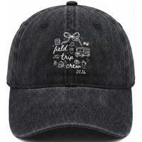 Field Trip Crew 2026 Coquette Bow Washed Cotton Baseball Cap Hand Drawn Doodle Graphic Teacher Chaperone