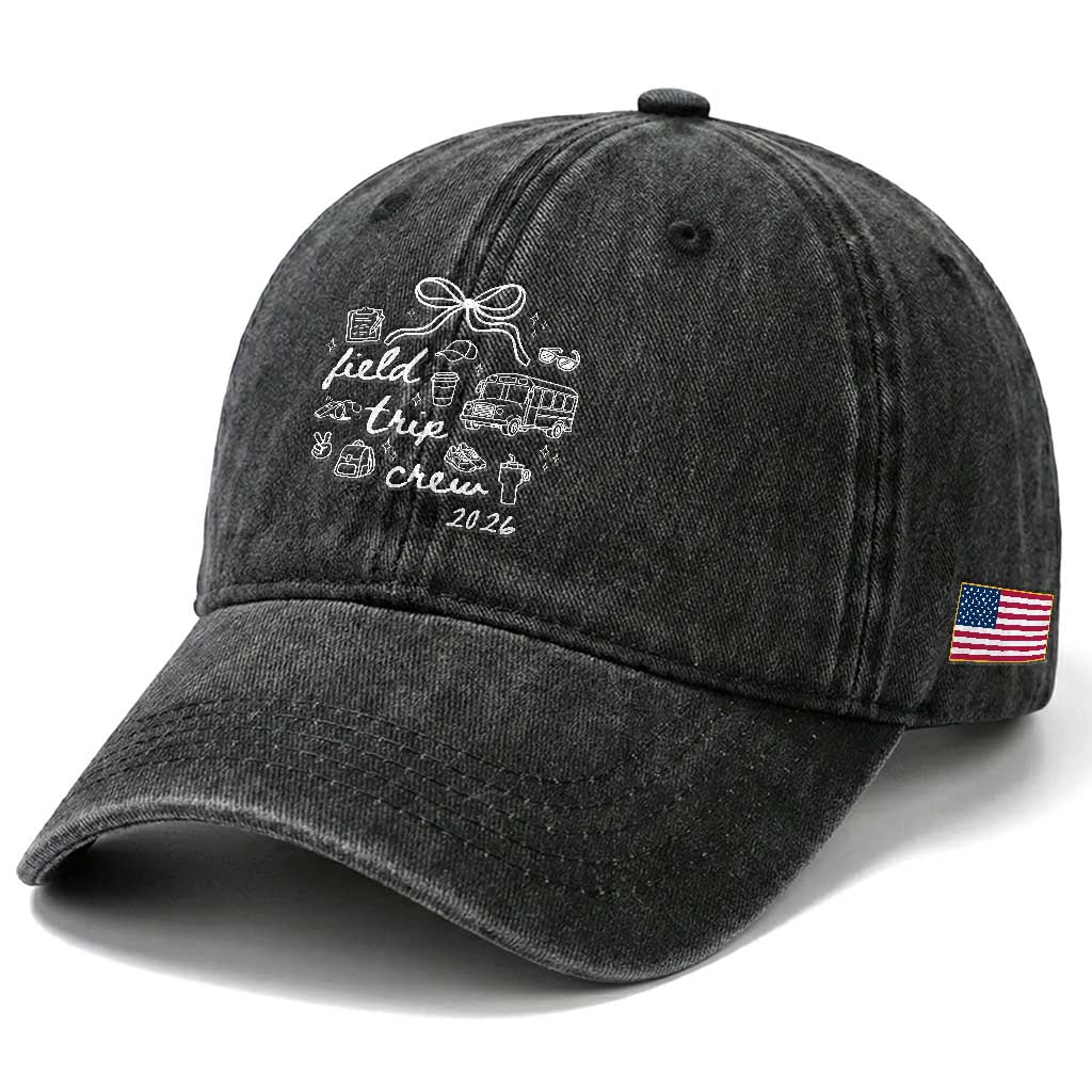 Field Trip Crew 2026 Coquette Bow Washed Cotton Baseball Cap Hand Drawn Doodle Graphic Teacher Chaperone
