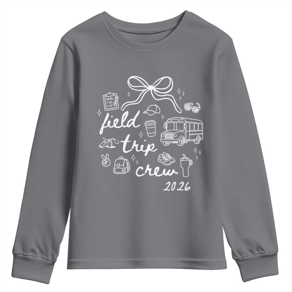 Field Trip Crew 2026 Coquette Bow Youth Sweatshirt Hand Drawn Doodle Graphic Teacher Chaperone