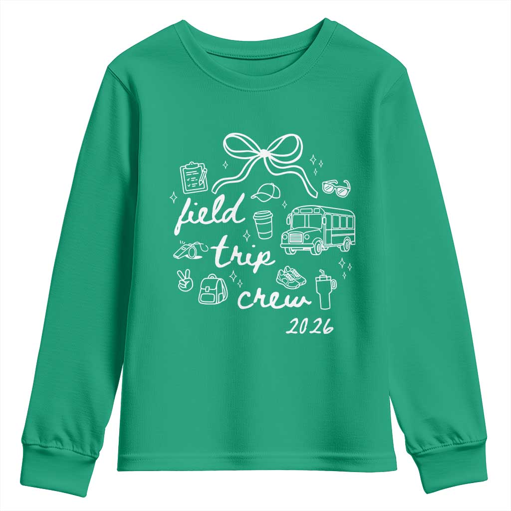 Field Trip Crew 2026 Coquette Bow Youth Sweatshirt Hand Drawn Doodle Graphic Teacher Chaperone