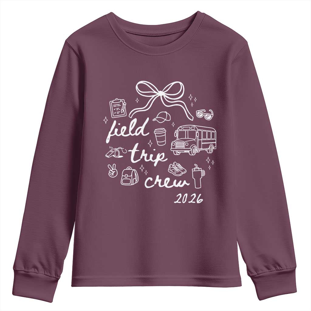 Field Trip Crew 2026 Coquette Bow Youth Sweatshirt Hand Drawn Doodle Graphic Teacher Chaperone