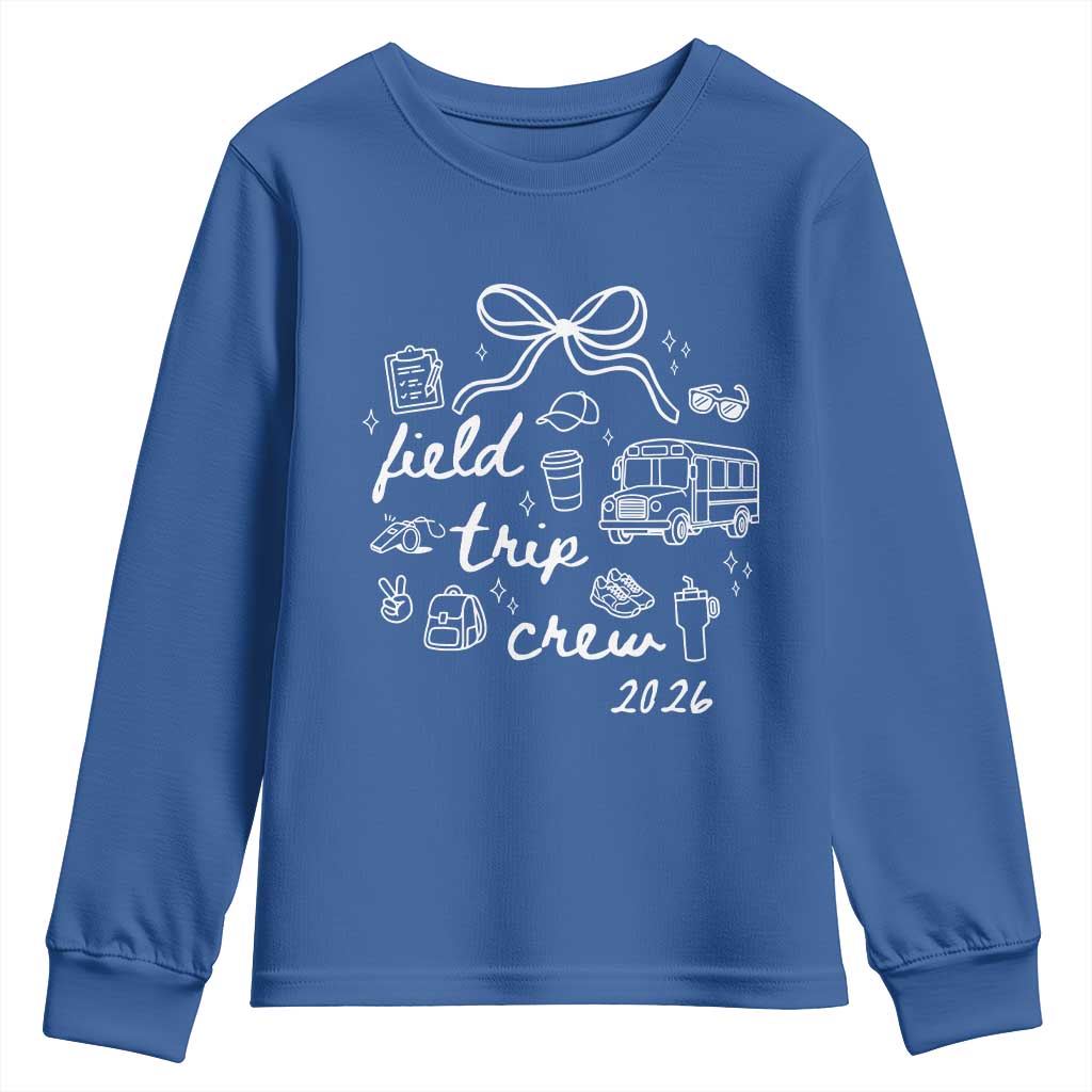 Field Trip Crew 2026 Coquette Bow Youth Sweatshirt Hand Drawn Doodle Graphic Teacher Chaperone