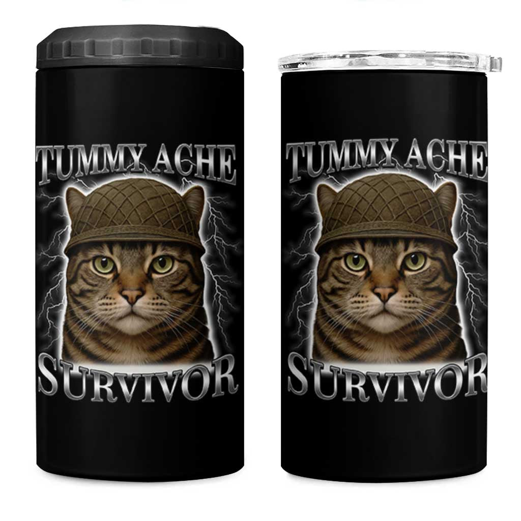 Funny Cat Meme Humor 4 in 1 Can Cooler Tumbler Tummy Ache Survivor Lightning Cats Parody