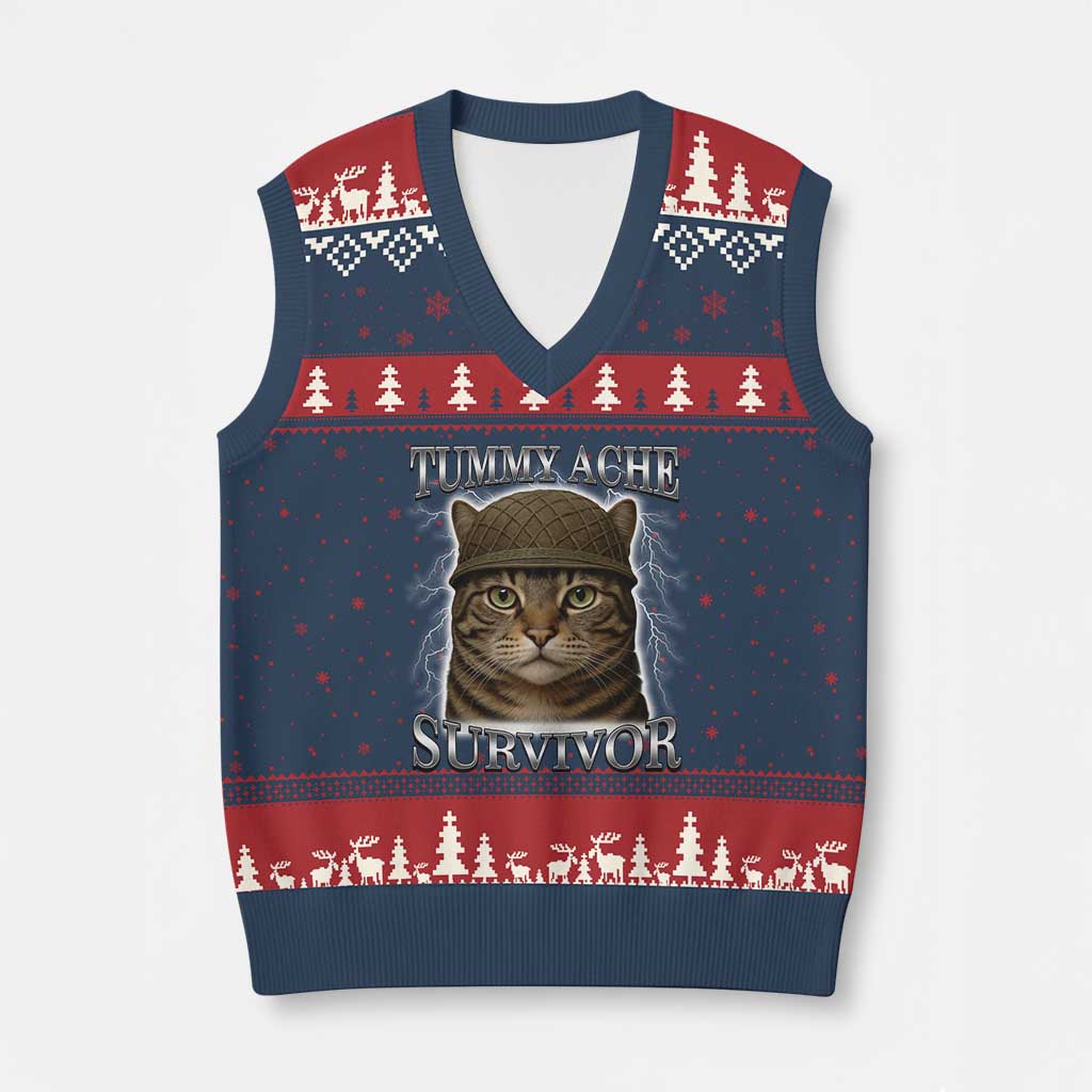 Funny Cat Meme Humor V-Neck Knit Sweater Vest Tummy Ache Survivor Lightning Cats Parody - Wonder Print Shop