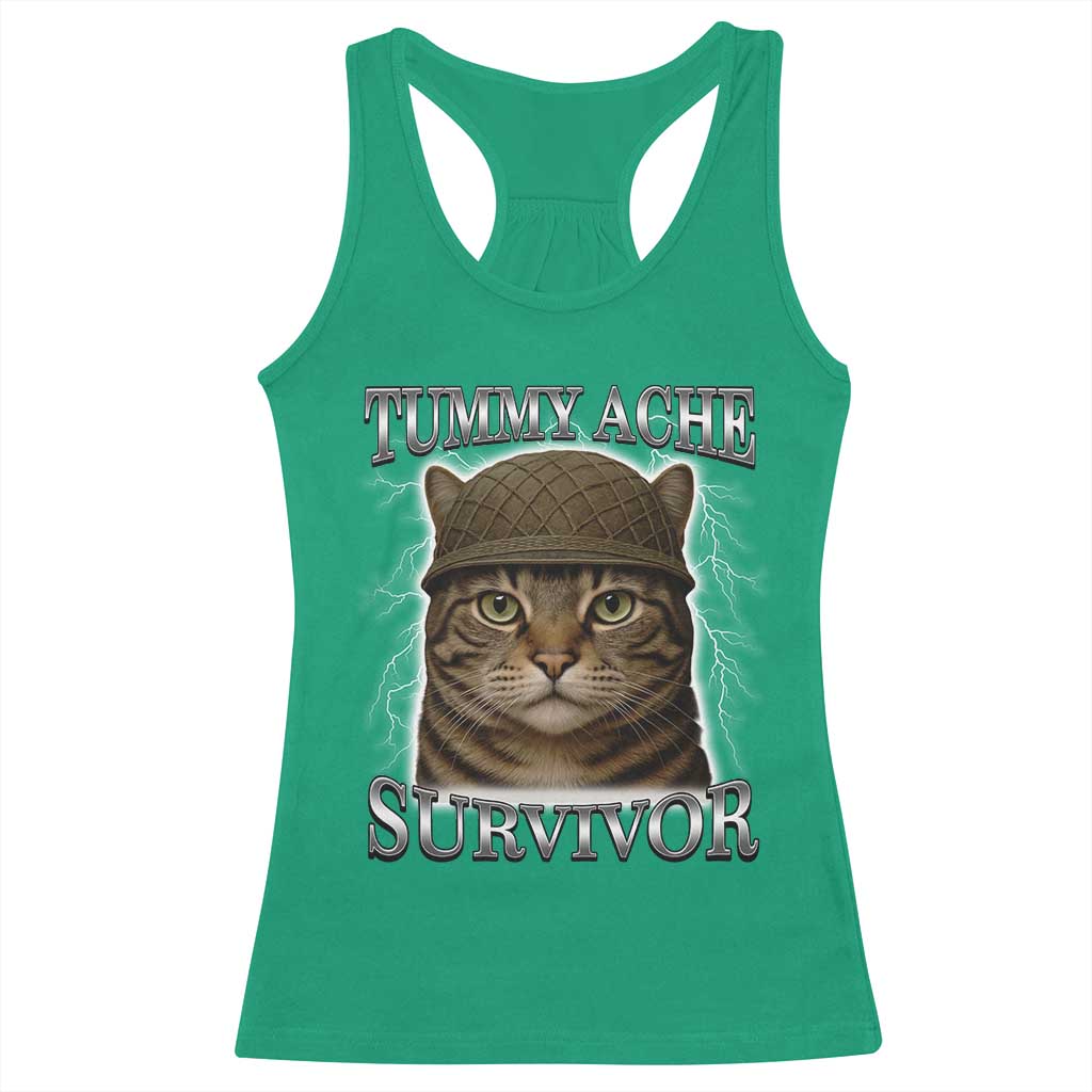 Funny Cat Meme Humor Racerback Tank Top Tummy Ache Survivor Lightning Cats Parody