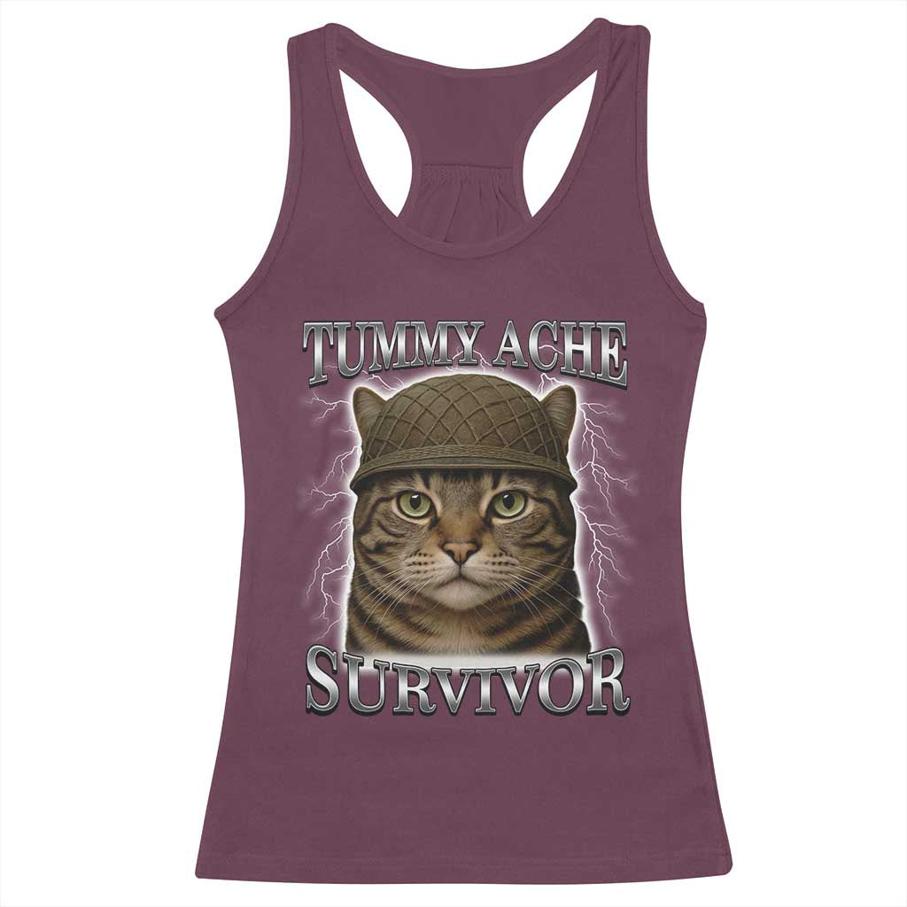 Funny Cat Meme Humor Racerback Tank Top Tummy Ache Survivor Lightning Cats Parody