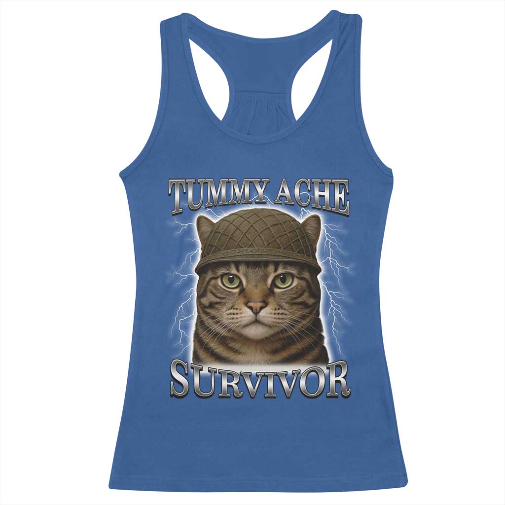 Funny Cat Meme Humor Racerback Tank Top Tummy Ache Survivor Lightning Cats Parody