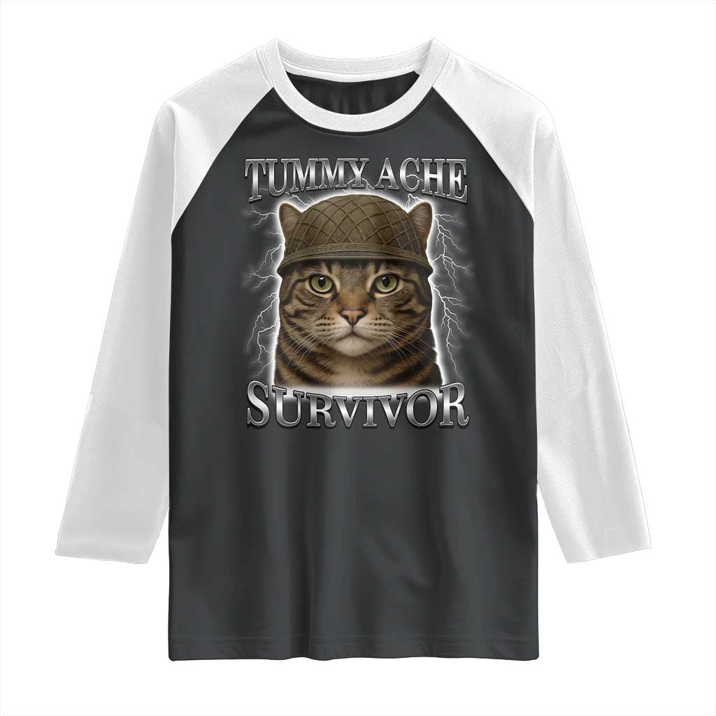 Funny Cat Meme Humor Raglan Shirt Tummy Ache Survivor Lightning Cats Parody