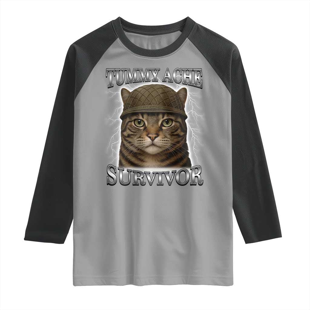 Funny Cat Meme Humor Raglan Shirt Tummy Ache Survivor Lightning Cats Parody