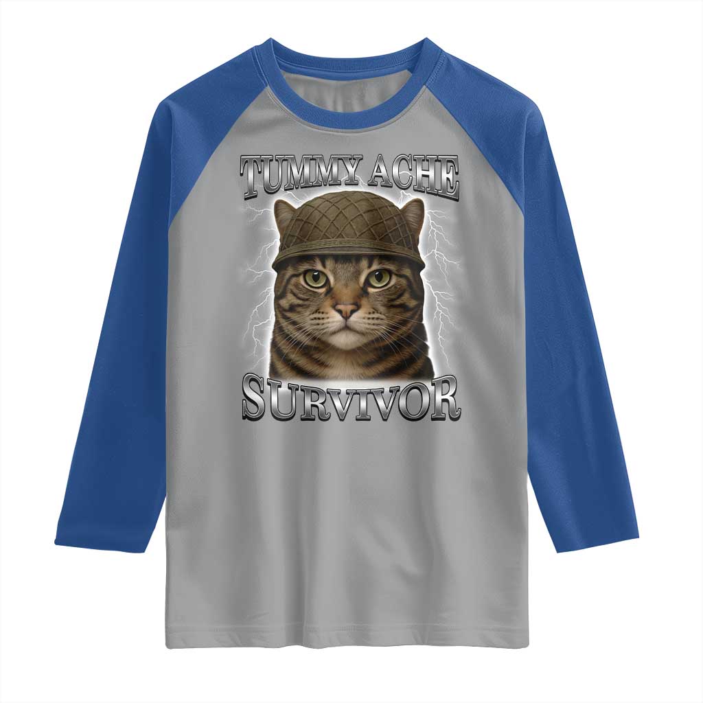Funny Cat Meme Humor Raglan Shirt Tummy Ache Survivor Lightning Cats Parody