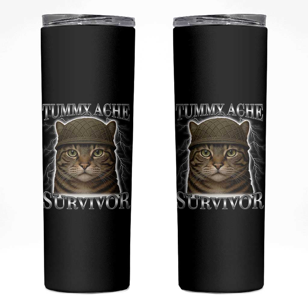 Funny Cat Meme Humor Skinny Tumbler Tummy Ache Survivor Lightning Cats Parody