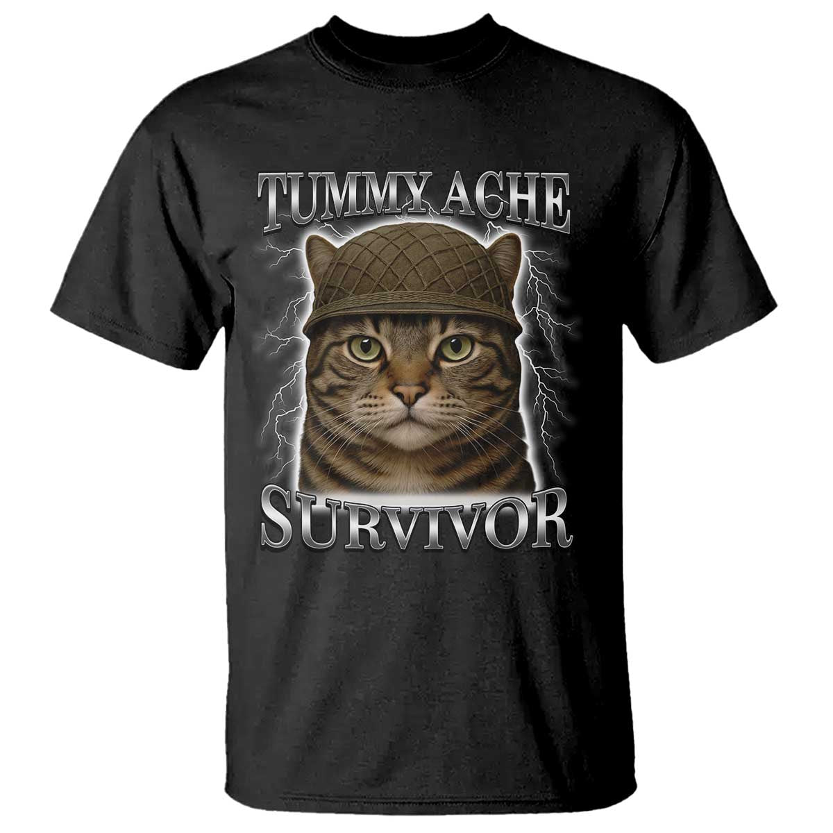 Funny Cat Meme Humor T Shirt Tummy Ache Survivor Lightning Cats Parody