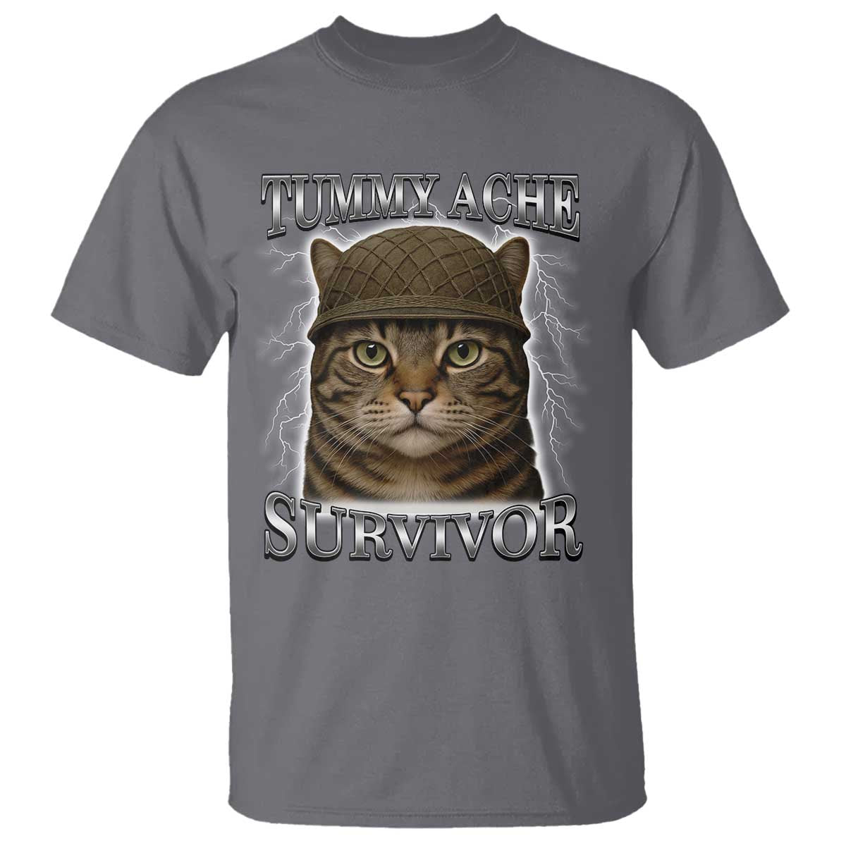 Funny Cat Meme Humor T Shirt Tummy Ache Survivor Lightning Cats Parody