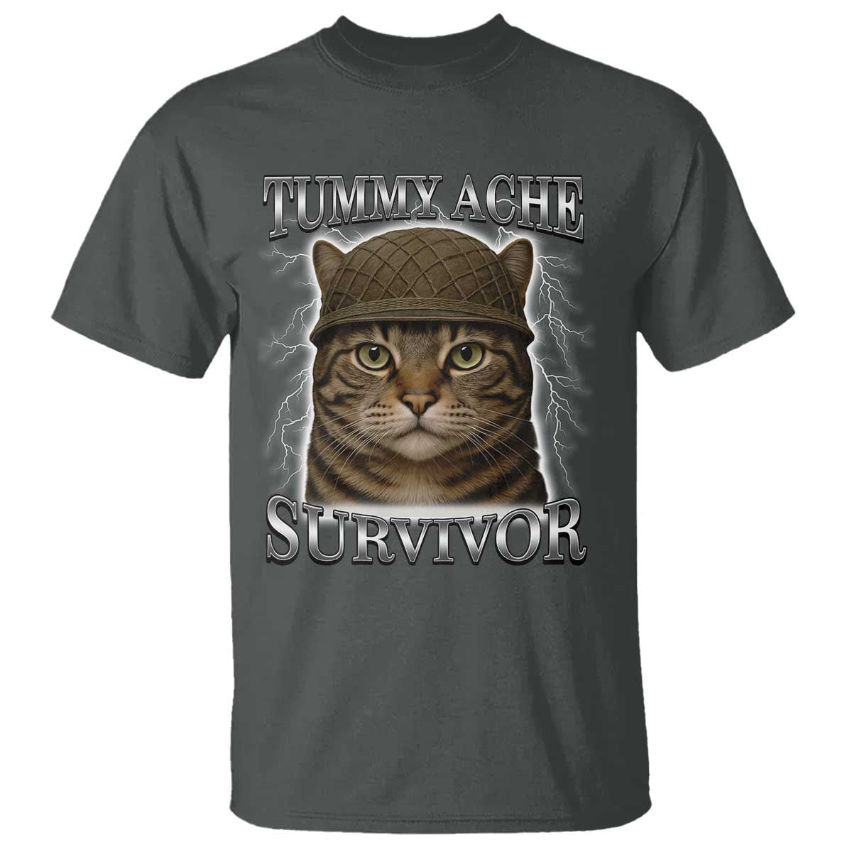 Funny Cat Meme Humor T Shirt Tummy Ache Survivor Lightning Cats Parody