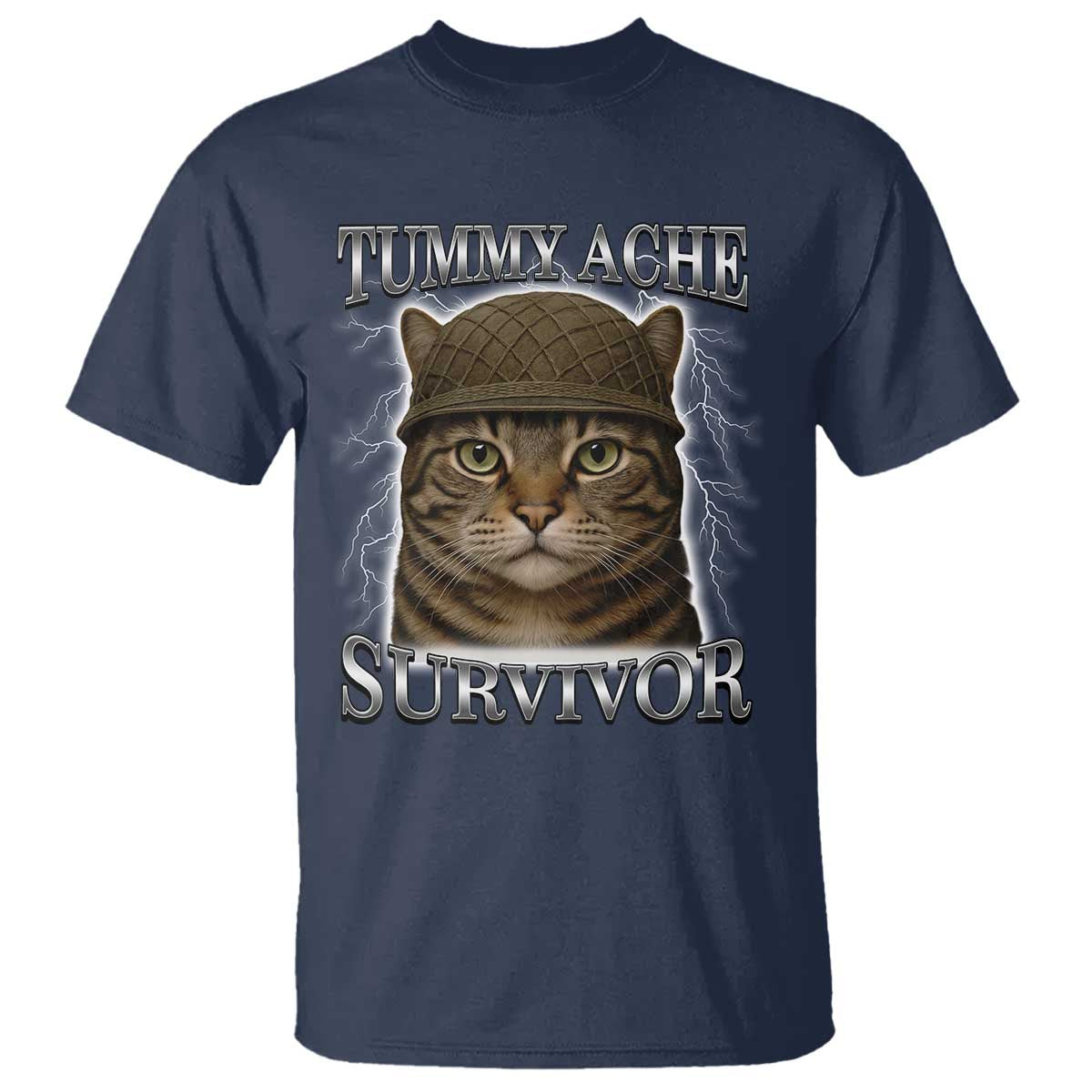 Funny Cat Meme Humor T Shirt Tummy Ache Survivor Lightning Cats Parody