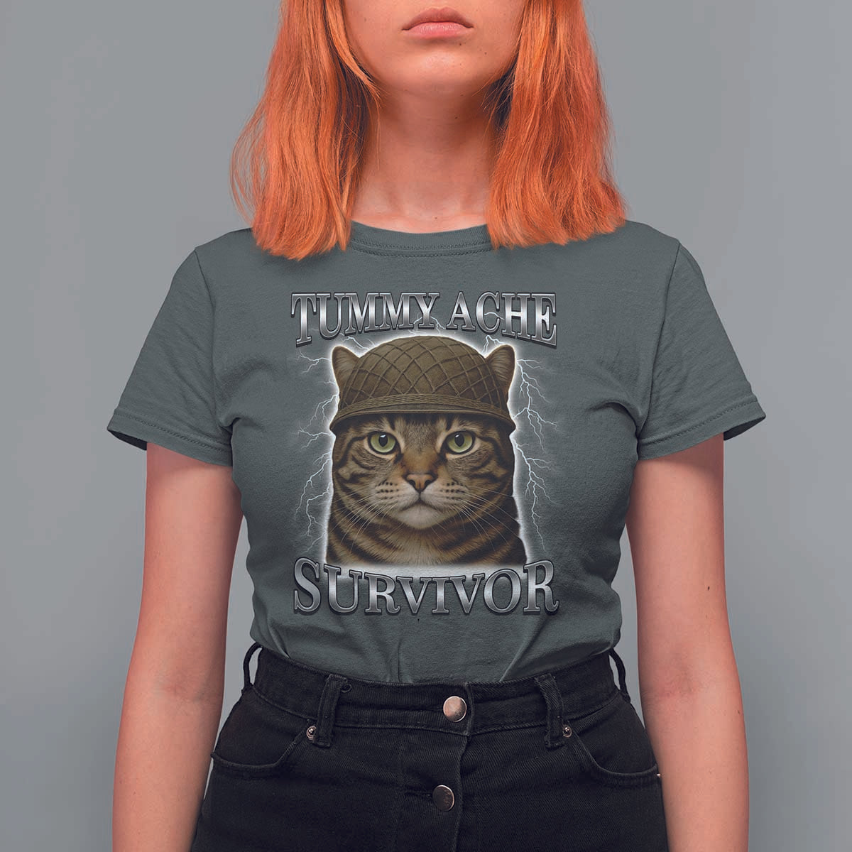 Funny Cat Meme Humor T Shirt For Women Tummy Ache Survivor Lightning Cats Parody