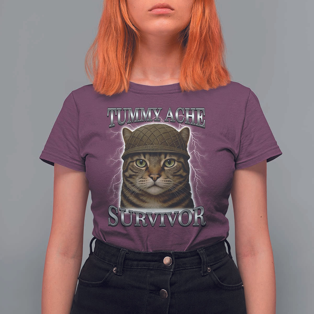 Funny Cat Meme Humor T Shirt For Women Tummy Ache Survivor Lightning Cats Parody
