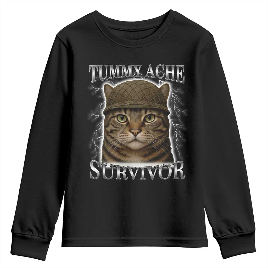 Funny Cat Meme Humor Youth Sweatshirt Tummy Ache Survivor Lightning Cats Parody