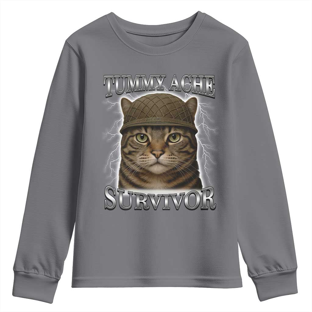 Funny Cat Meme Humor Youth Sweatshirt Tummy Ache Survivor Lightning Cats Parody