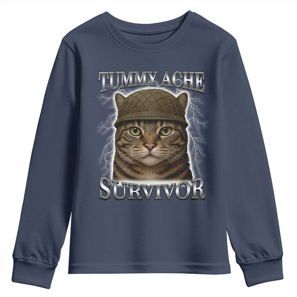 Funny Cat Meme Humor Youth Sweatshirt Tummy Ache Survivor Lightning Cats Parody