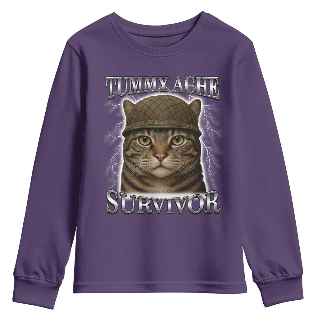 Funny Cat Meme Humor Youth Sweatshirt Tummy Ache Survivor Lightning Cats Parody