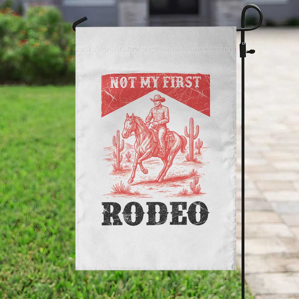 Not My First Rodeo Vintage Cowboy Graphic Garden Flag Retro Western Desert Scene with Horse and Cactus