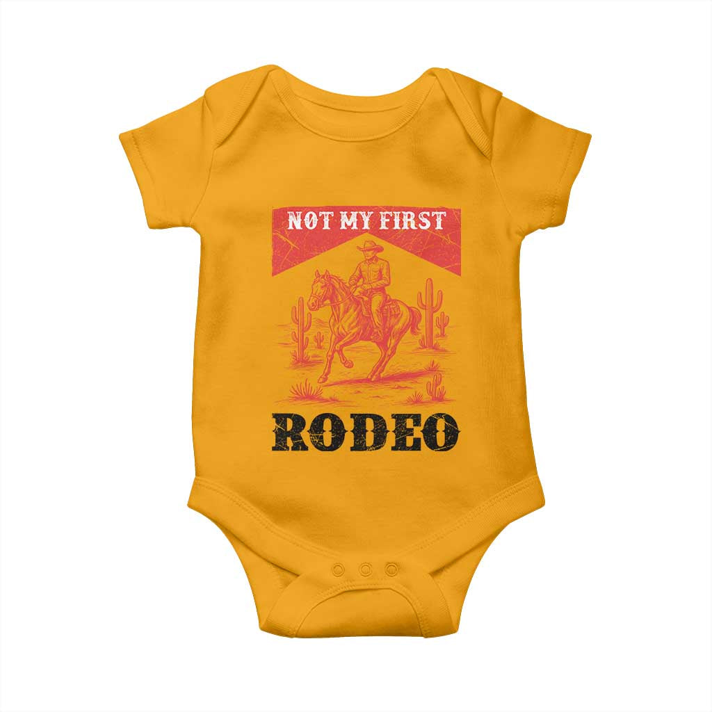 Not My First Rodeo Vintage Cowboy Graphic Baby Onesie Retro Western Desert Scene with Horse and Cactus