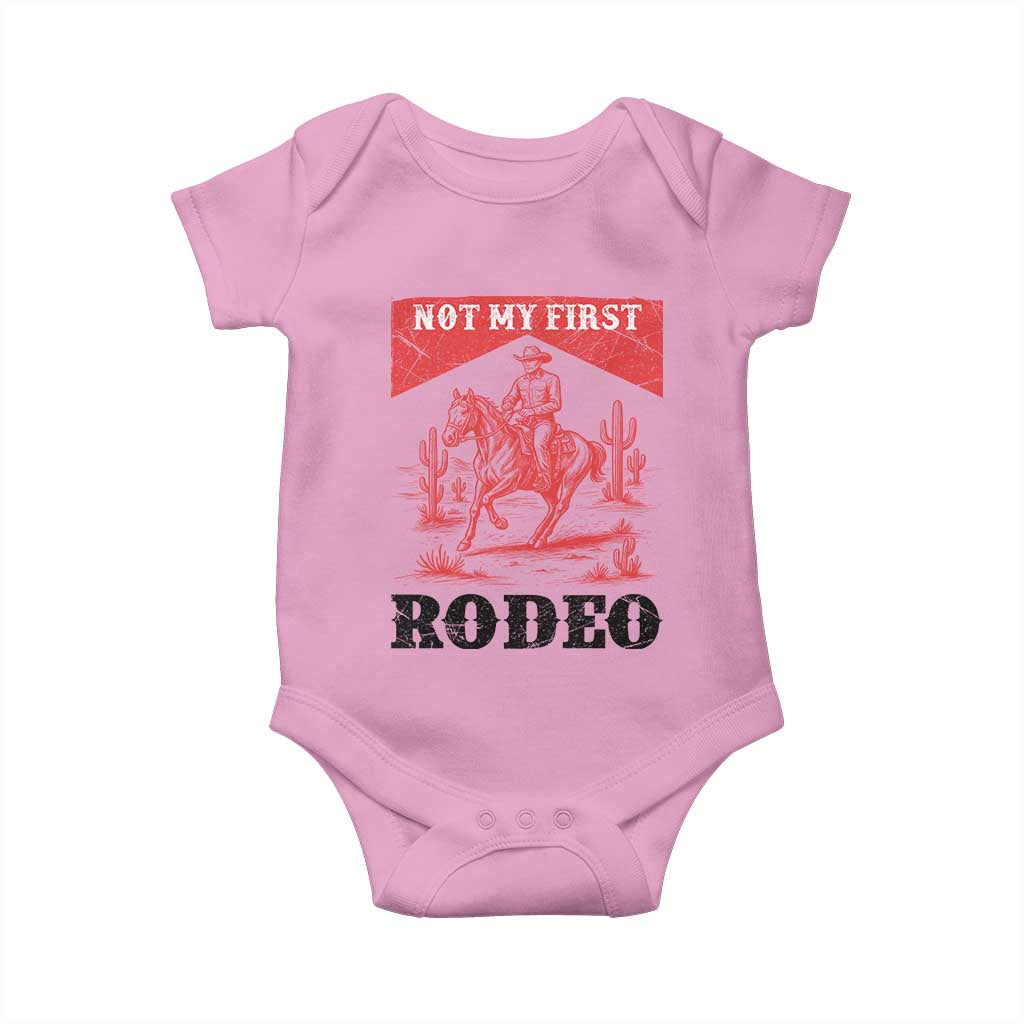 Not My First Rodeo Vintage Cowboy Graphic Baby Onesie Retro Western Desert Scene with Horse and Cactus