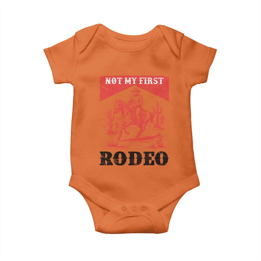 Not My First Rodeo Vintage Cowboy Graphic Baby Onesie Retro Western Desert Scene with Horse and Cactus