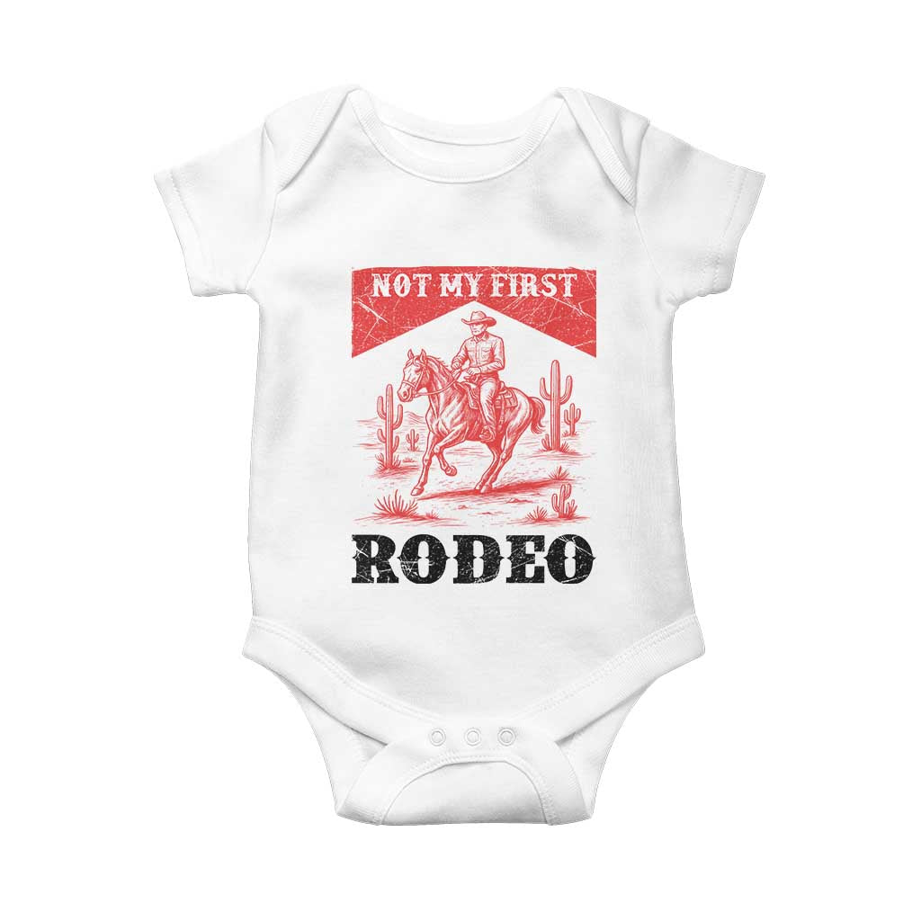 Not My First Rodeo Vintage Cowboy Graphic Baby Onesie Retro Western Desert Scene with Horse and Cactus