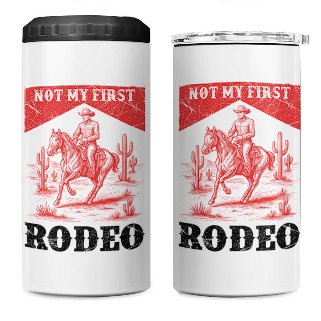 Not My First Rodeo Vintage Cowboy Graphic 4 in 1 Can Cooler Tumbler Retro Western Desert Scene with Horse and Cactus