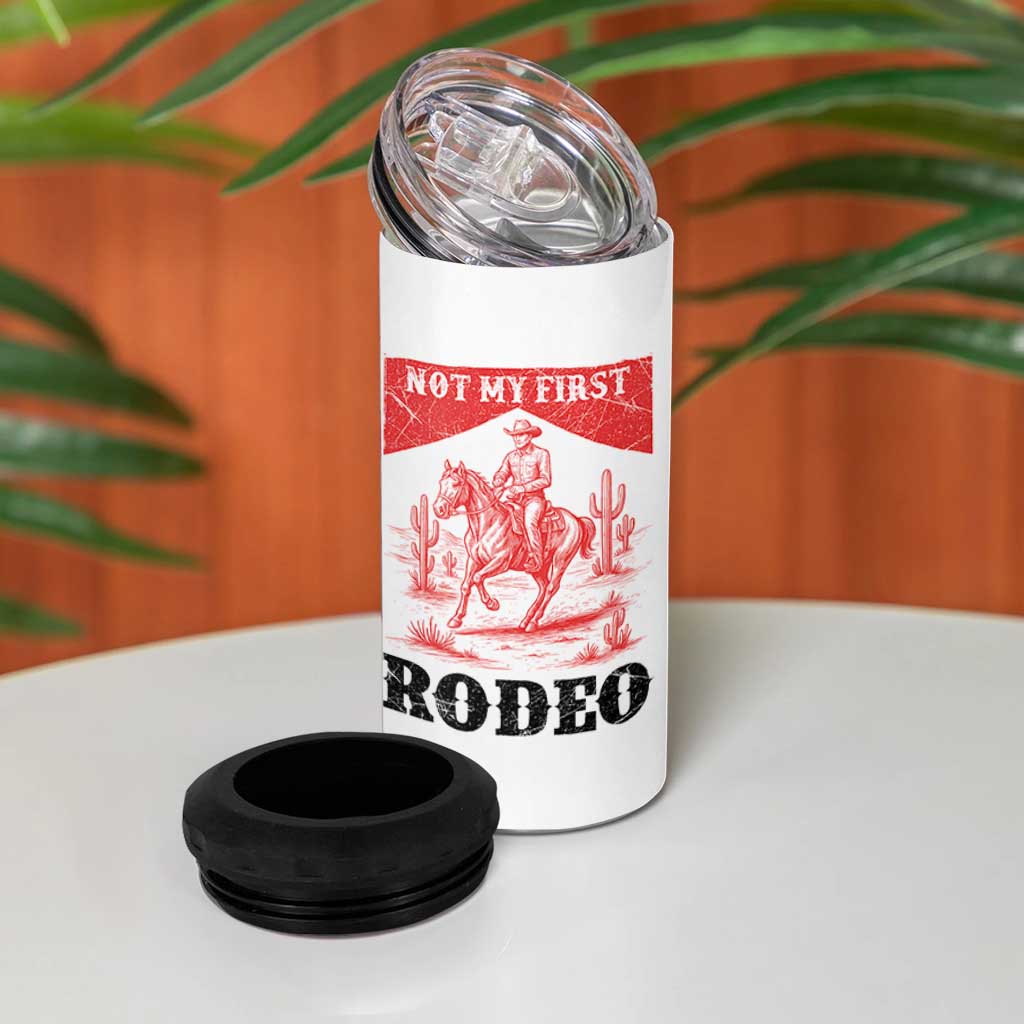 Not My First Rodeo Vintage Cowboy Graphic 4 in 1 Can Cooler Tumbler Retro Western Desert Scene with Horse and Cactus