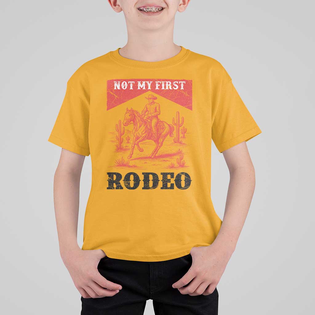 Not My First Rodeo Vintage Cowboy Graphic T Shirt For Kid Retro Western Desert Scene with Horse and Cactus