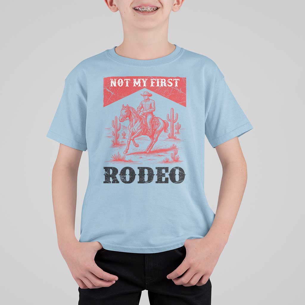 Not My First Rodeo Vintage Cowboy Graphic T Shirt For Kid Retro Western Desert Scene with Horse and Cactus