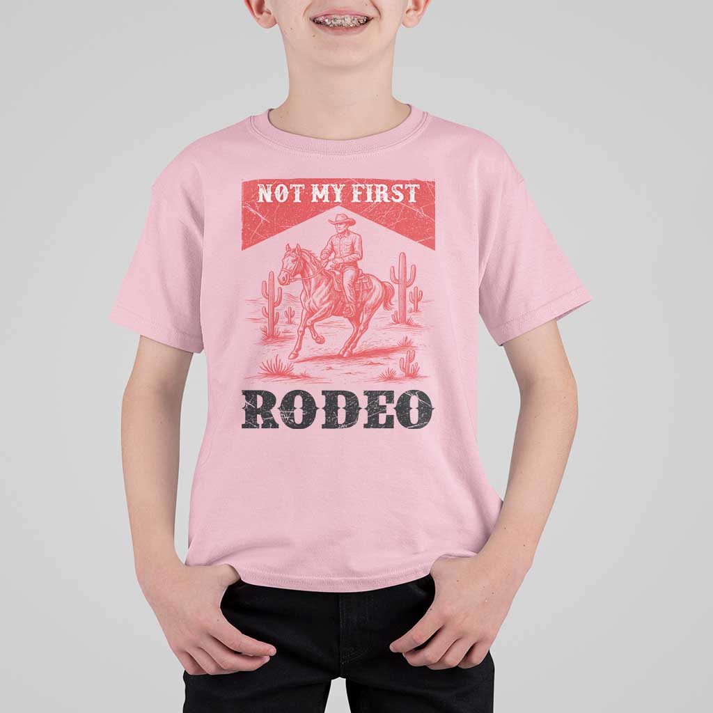 Not My First Rodeo Vintage Cowboy Graphic T Shirt For Kid Retro Western Desert Scene with Horse and Cactus