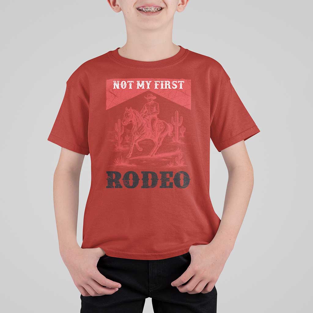 Not My First Rodeo Vintage Cowboy Graphic T Shirt For Kid Retro Western Desert Scene with Horse and Cactus