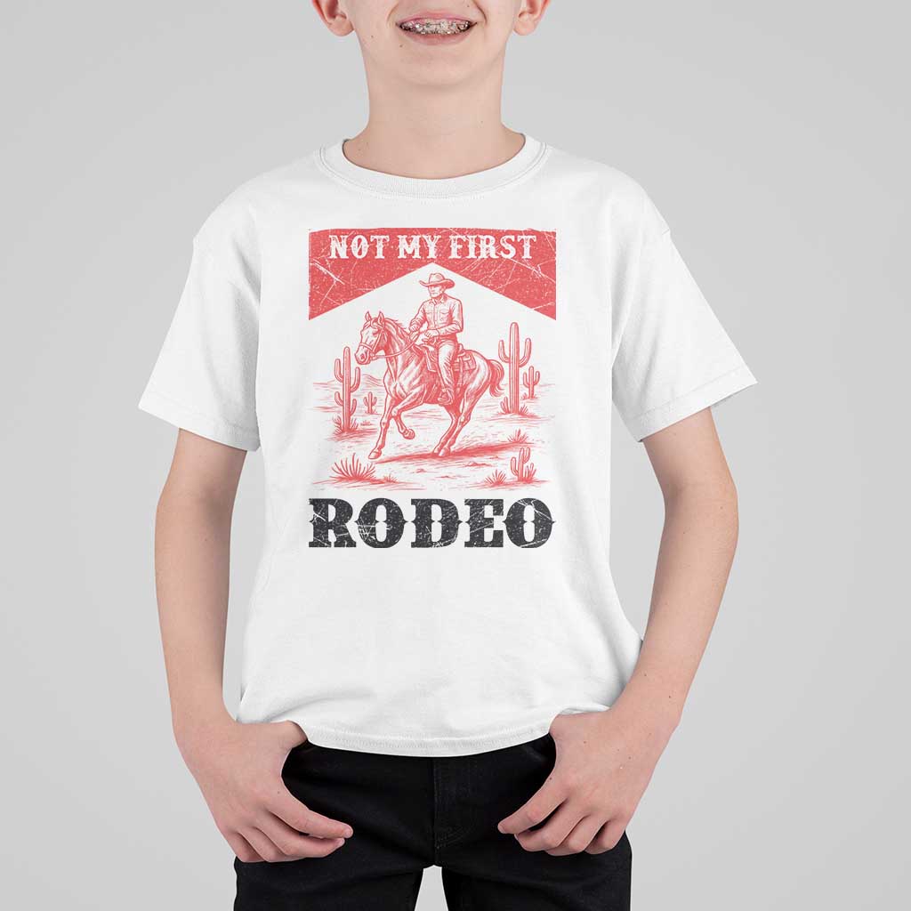 Not My First Rodeo Vintage Cowboy Graphic T Shirt For Kid Retro Western Desert Scene with Horse and Cactus