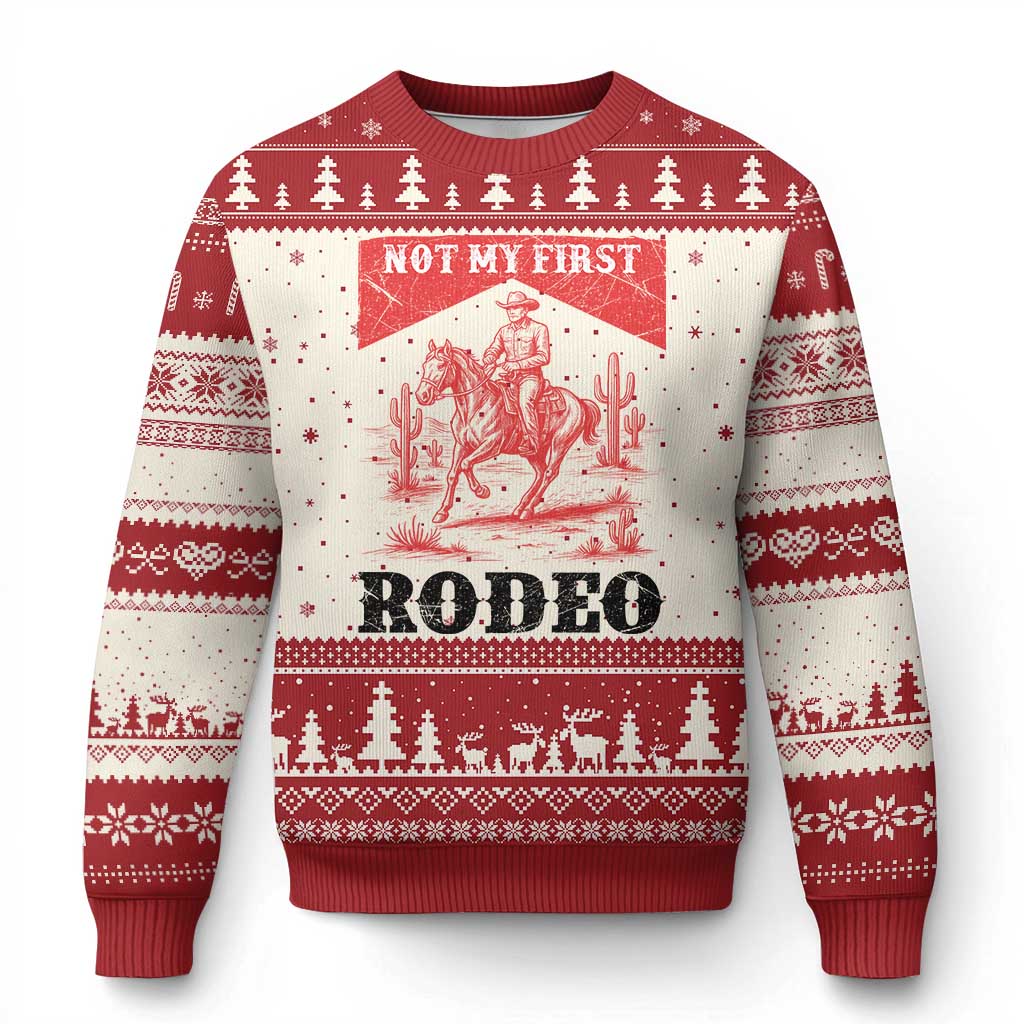 Not My First Rodeo Vintage Cowboy Graphic Ugly Christmas Sweater Retro Western Desert Scene with Horse and Cactus