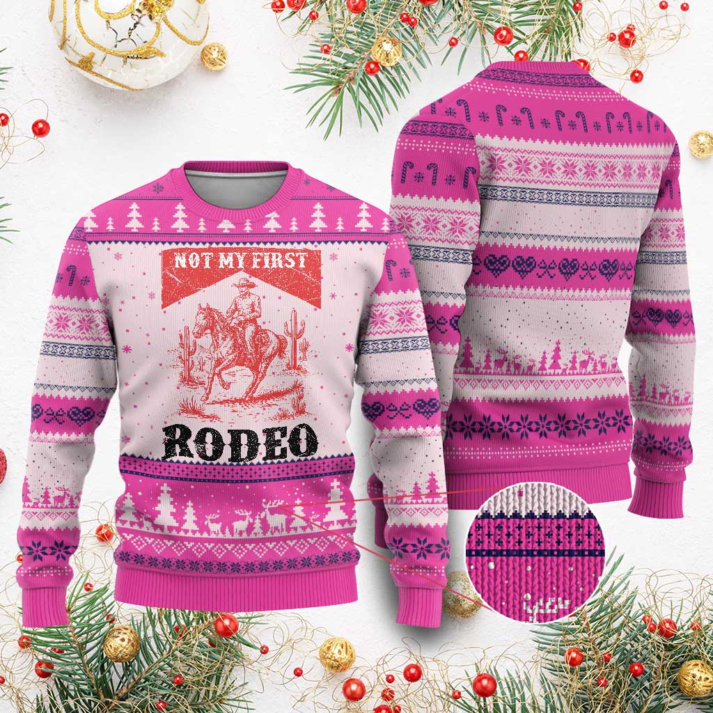 Not My First Rodeo Vintage Cowboy Graphic Ugly Christmas Sweater Retro Western Desert Scene with Horse and Cactus