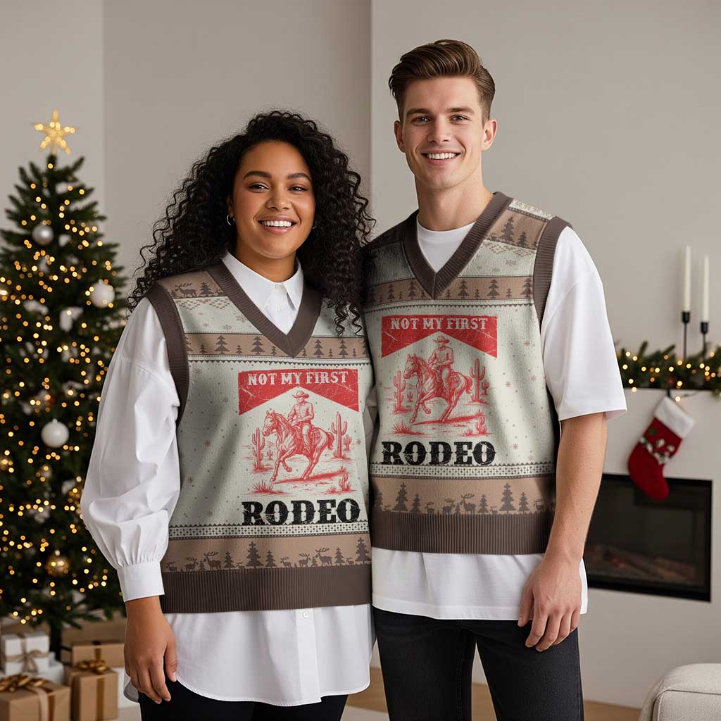 Not My First Rodeo Vintage Cowboy Graphic V-Neck Knit Sweater Vest Retro Western Desert Scene with Horse and Cactus