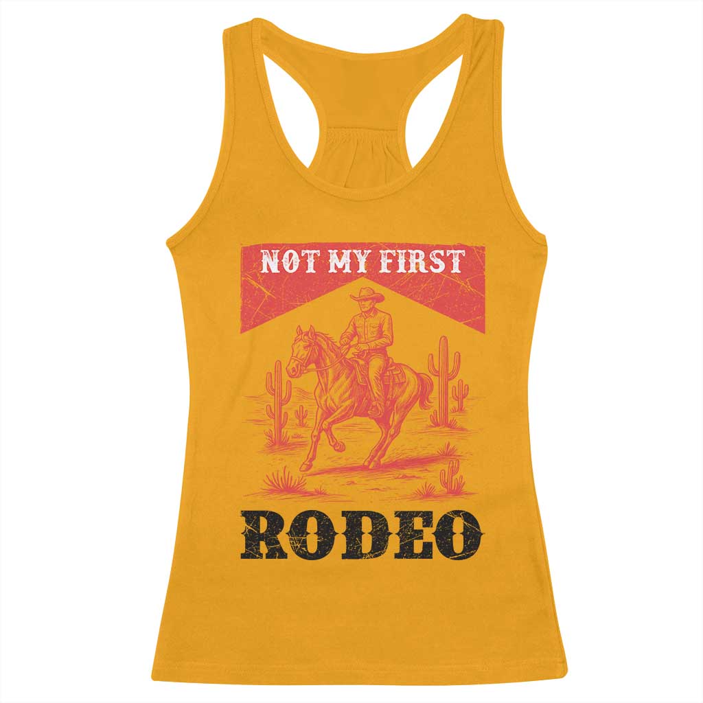 Not My First Rodeo Vintage Cowboy Graphic Racerback Tank Top Retro Western Desert Scene with Horse and Cactus