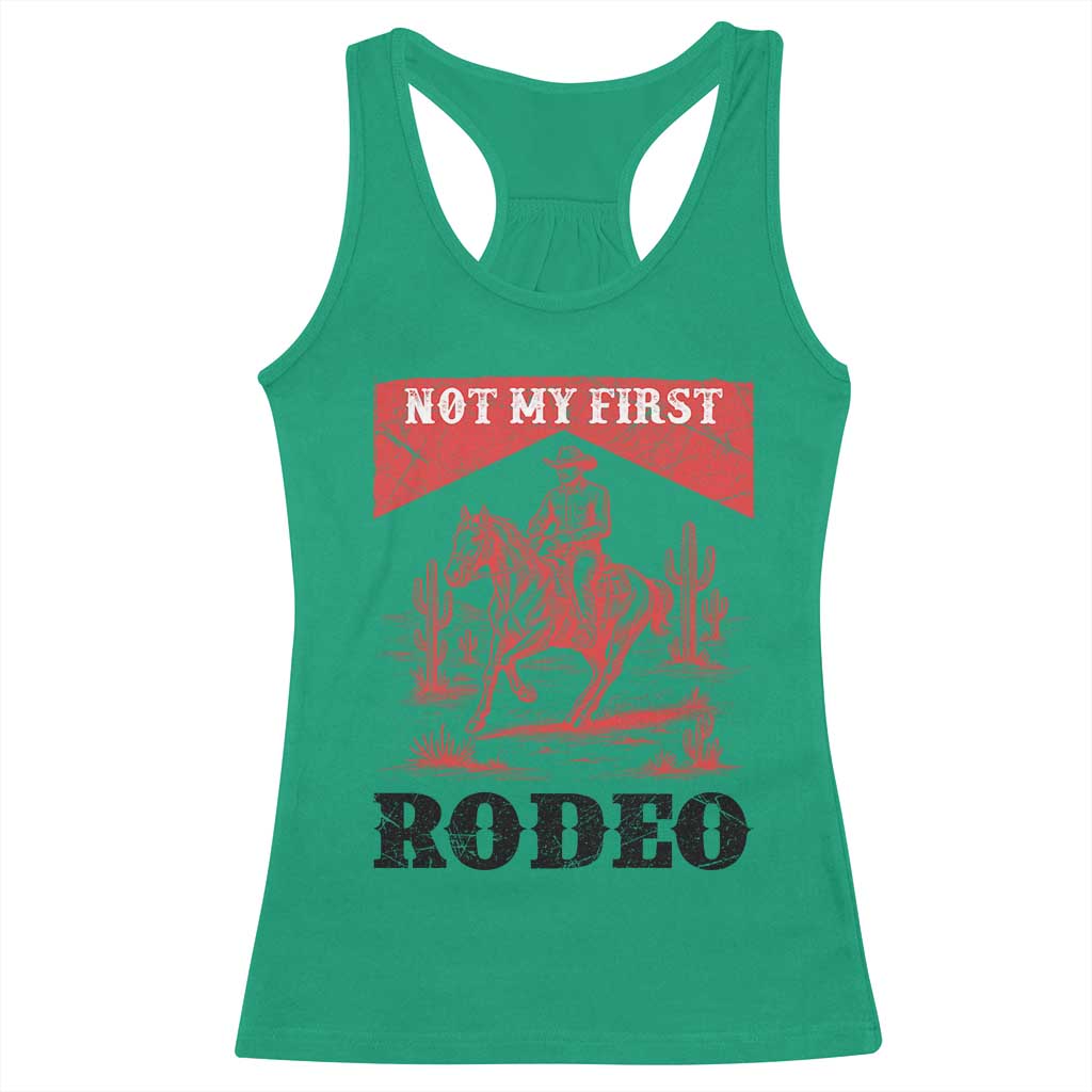 Not My First Rodeo Vintage Cowboy Graphic Racerback Tank Top Retro Western Desert Scene with Horse and Cactus