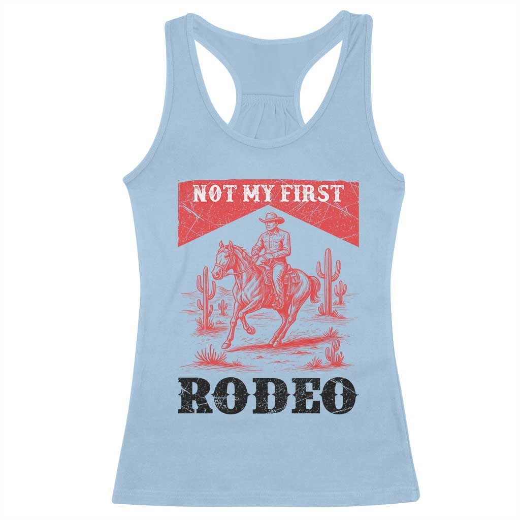 Not My First Rodeo Vintage Cowboy Graphic Racerback Tank Top Retro Western Desert Scene with Horse and Cactus