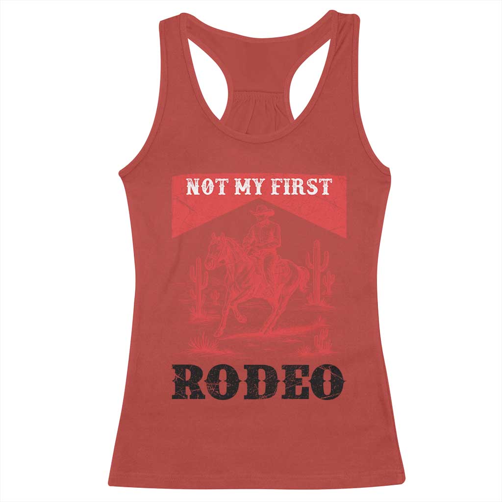 Not My First Rodeo Vintage Cowboy Graphic Racerback Tank Top Retro Western Desert Scene with Horse and Cactus