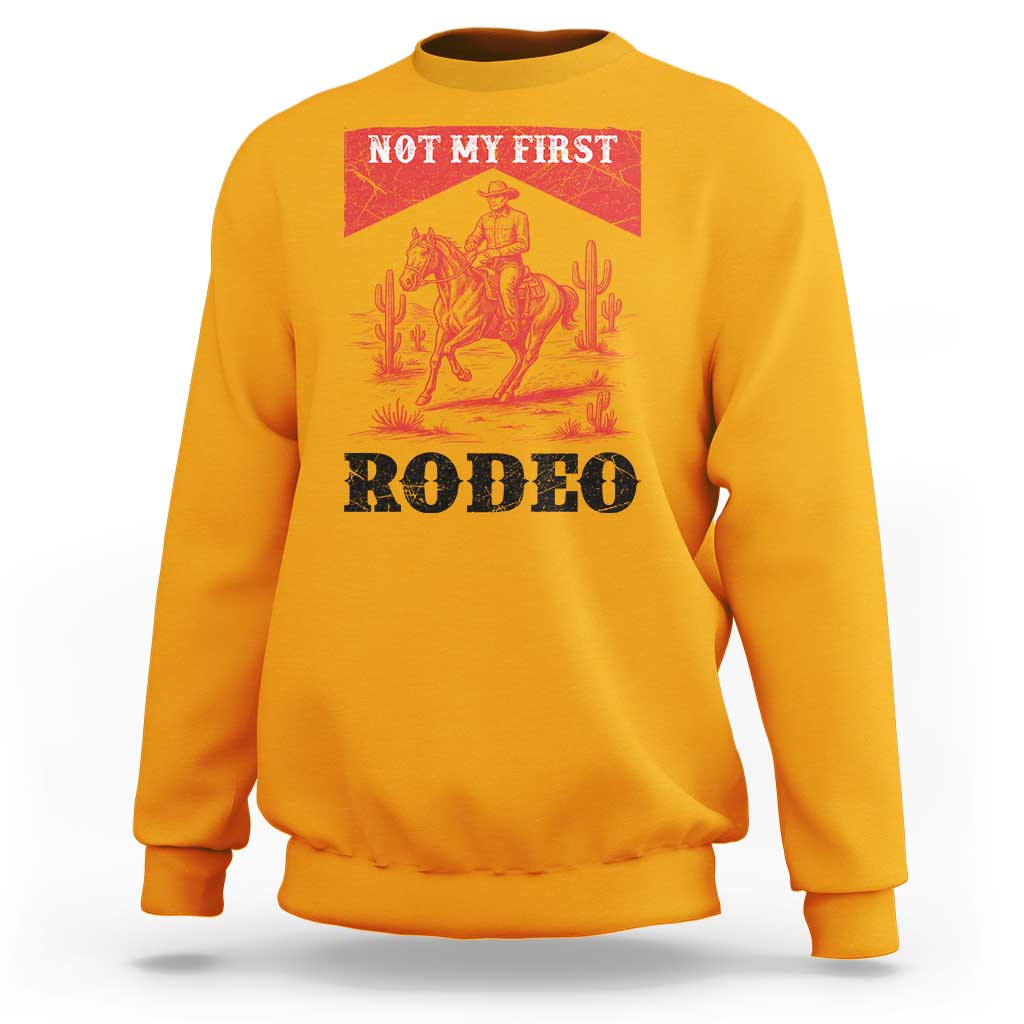 Not My First Rodeo Vintage Cowboy Graphic Sweatshirt Retro Western Desert Scene with Horse and Cactus