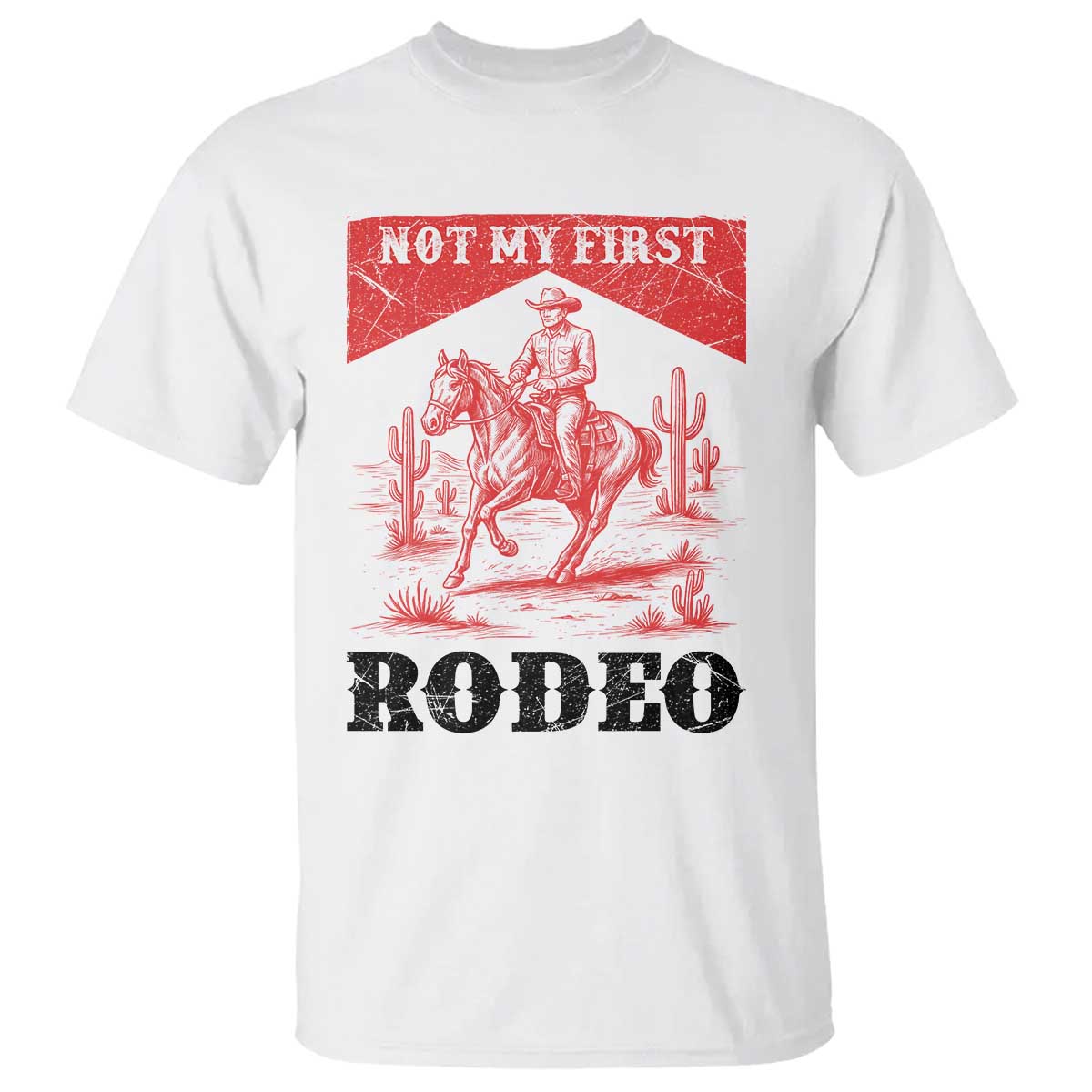 Not My First Rodeo Vintage Cowboy Graphic T Shirt Retro Western Desert Scene with Horse and Cactus